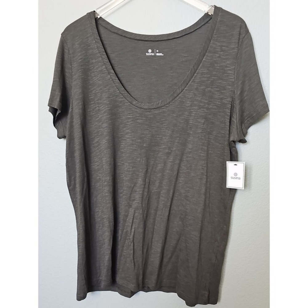 Susina Slub Knit Scoop Neck Tee Minimalist Boho Olive Green 1X NWT